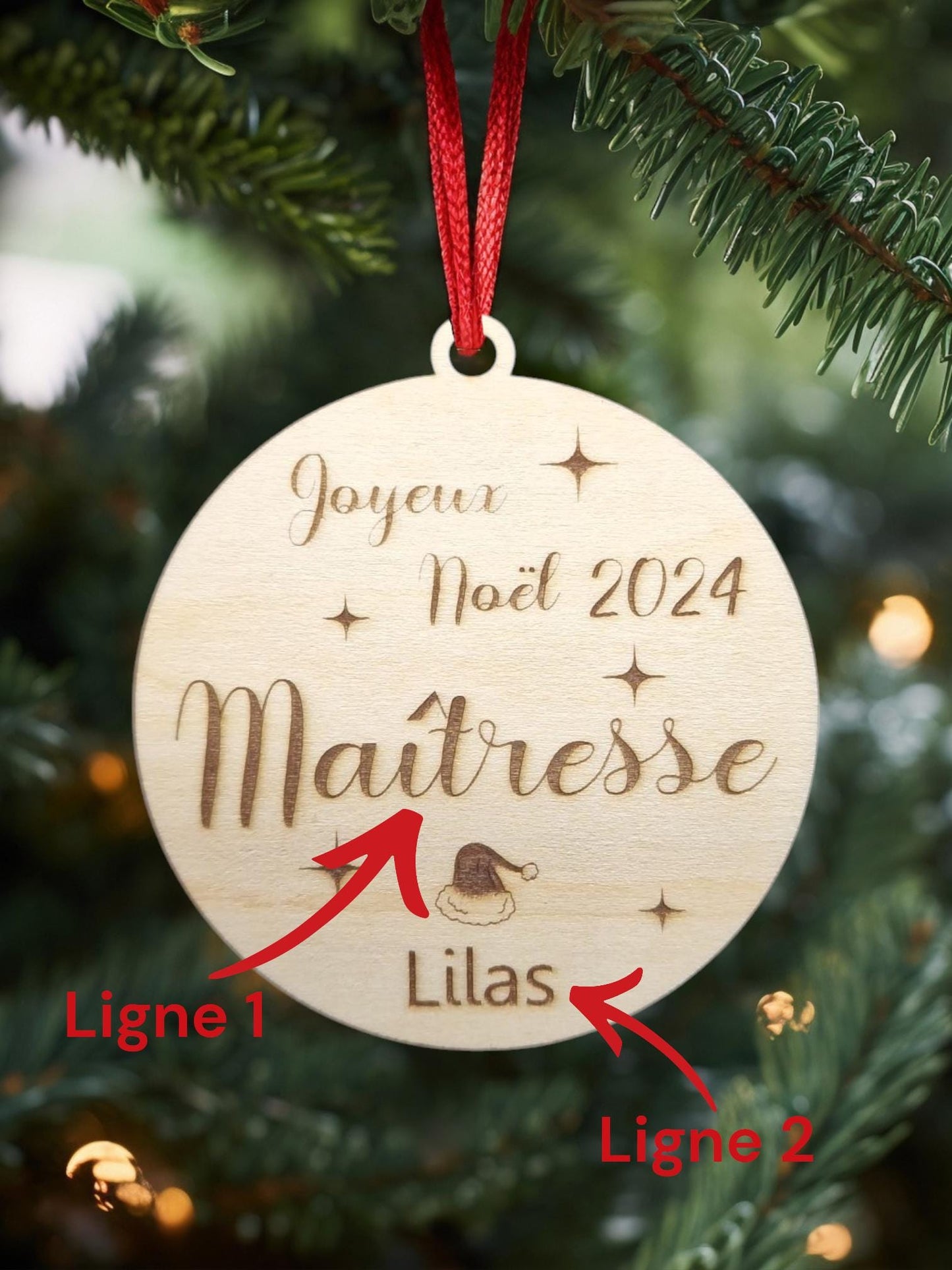 Boule de Noël personnalisable en bois - Cadeau pour maîtresse, nounou ou proche | Décoration gravée